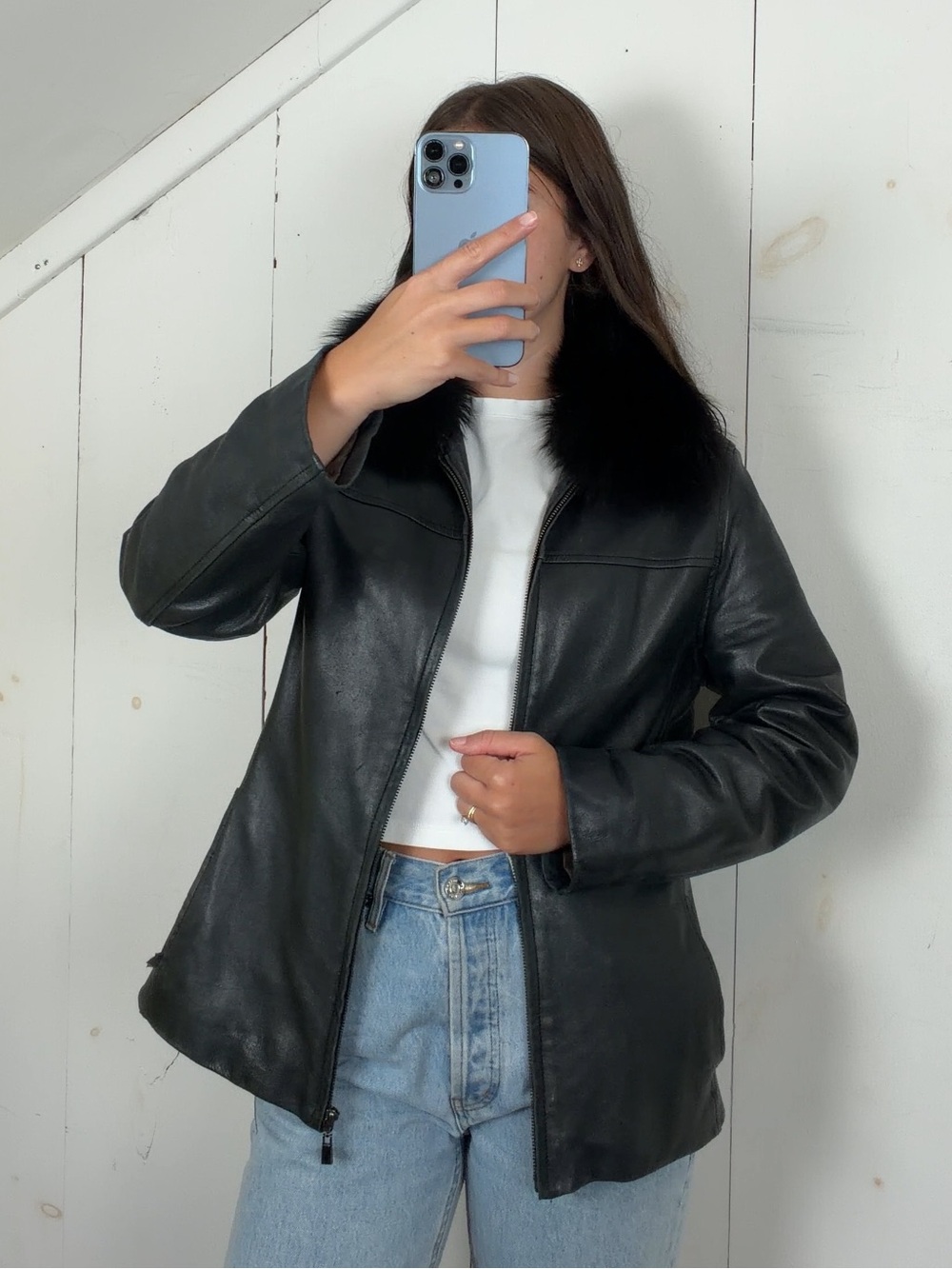 Vintage Bernardo Black Leather Full Zip Jacket Womens Small Removable Fur Collar